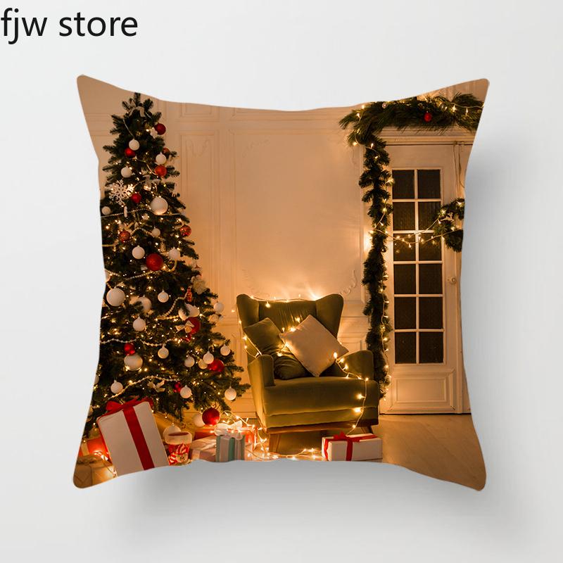 Christmas Decor Pillow Cover  Tree Gift Fireplace Print Throw   New Year Home  Sofa Cushion