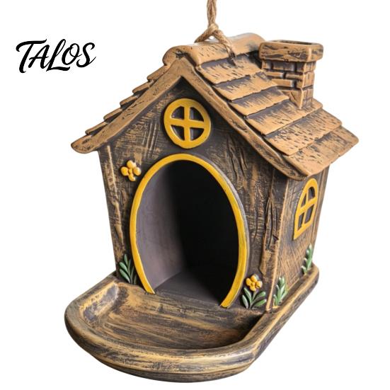 Wild Bird Gift for Gardeners House Shape Hanging Feeder Outdoor Garden Decor, Weatherproof Resin Backyard Watching Supplies with Large Capacity Tray &