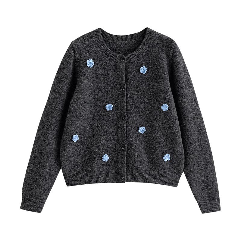 Chuyu Women's Round Neck 3D Floral Knit Cardigan