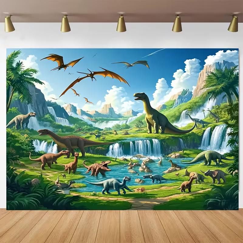Lebendige Jura-Dinosaurier-Dschungel-Kulisse Wasserfall und Berglandschaft Hintergrundtuch für Partydekoration