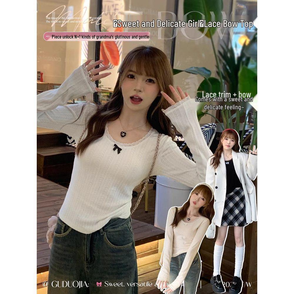 2025 Women's High-End Lace Base Long-Sleeve Bow Shirt, White - Perfect for Spring and Autumn