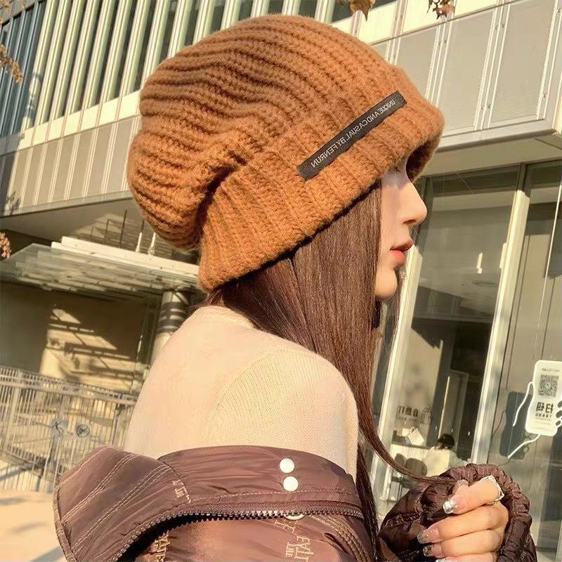Hat Autumn and Winter Fashion Korean Version Knitted Hat Stacked Big Head Big Brim Wool Hat Versatile Face Small Warm Cold Hat