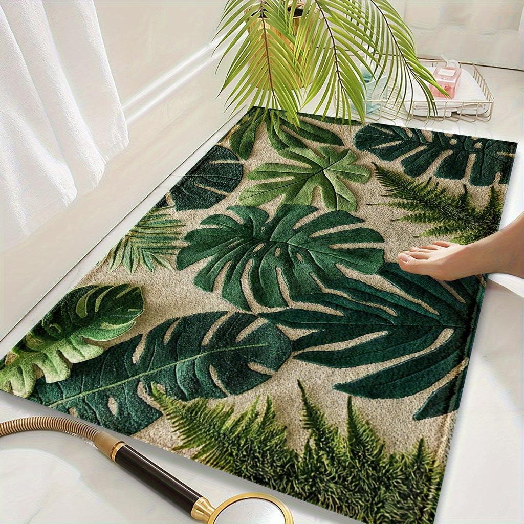 1 Tropical Green Plant Pattern Rectangular Bath Mat- Machine Washable Polyester Non-Slip Backing Soft Plush Texture for Bathroom