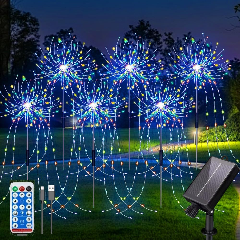 6 Pack 720 LED Outdoor Solar Ground Inserted Colorful Fireworks Lights with Remote Control, Waterproof Solar&USB Powered Courtyard Atmosphere
