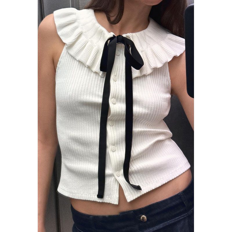 Summer New Product Women's Clothes French Color Contrast Patchwork Bowknot Decoration Warp Knitting Lead Polo Collar Top 4770171