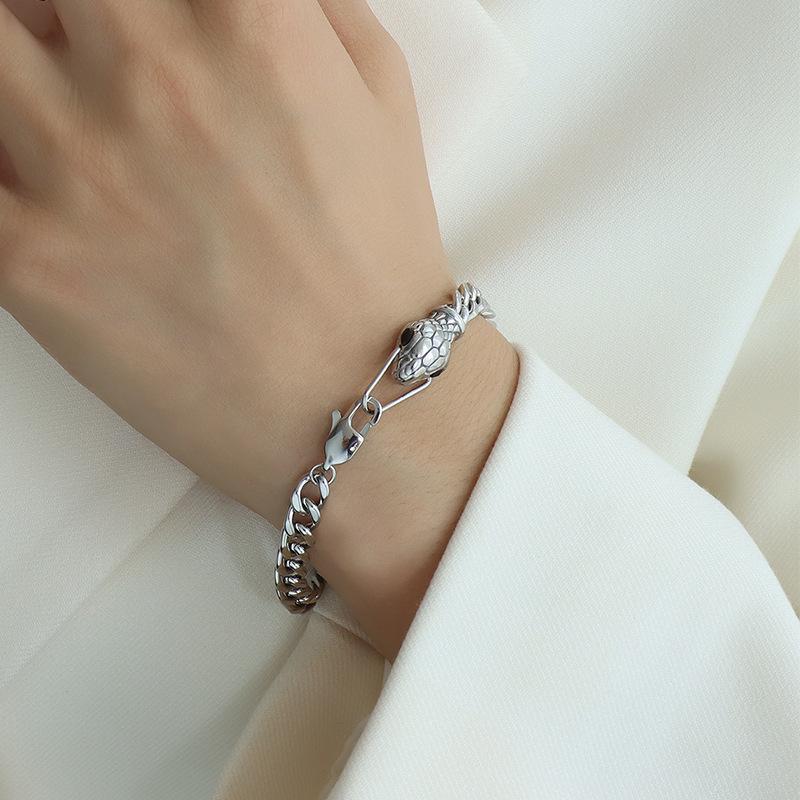European Style Snake Head Bracelet: Zircon Inlaid, Green Eyes, Hip Hop Chain in 18K Gold-Plated Titanium Steel