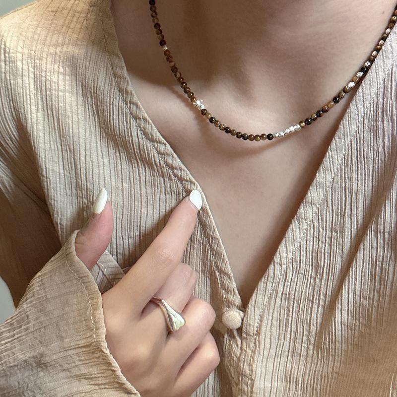 S925 Sterling Silver Niche Design Car Flower Glitter Tiger'S Eye Stone Necklace Handmade Beaded Fashionable Collarbone Chain