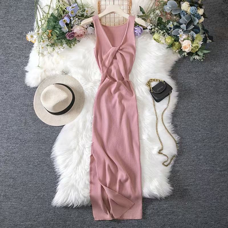 

Western Style New Sexy V-neck Knitted Hollow out Sheath Dress Sexy Knitted Hollow Dress Pink One size