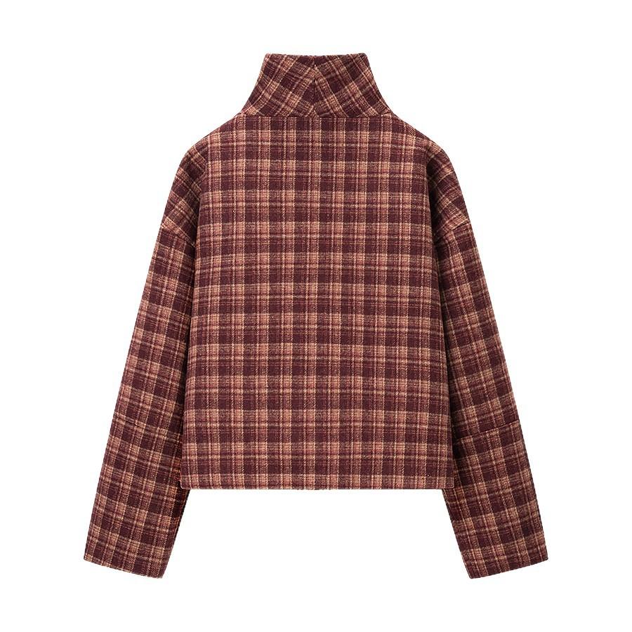 European and American style, wholesale women's clothing fashion versatile temperament casual stand-up collar plaid woolen jacket