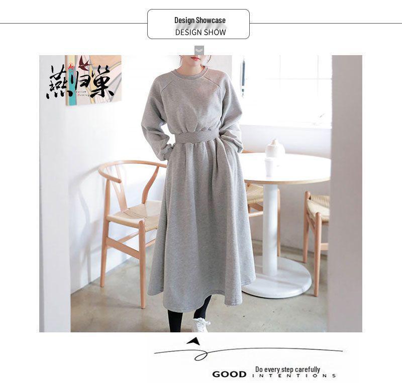 Plus Size Women's Autumn/Winter Plush Hooded Dress with Waist-Cinch, Ankle-Length, Slimming Fit