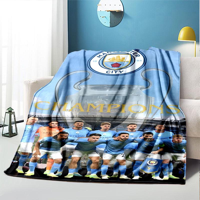 Manchester City FC Pattern Blanket for Home Decoration, Bed, Sofa, Car Travel, Camping, Suitable for All Seasons, Birthday Christmas Gift