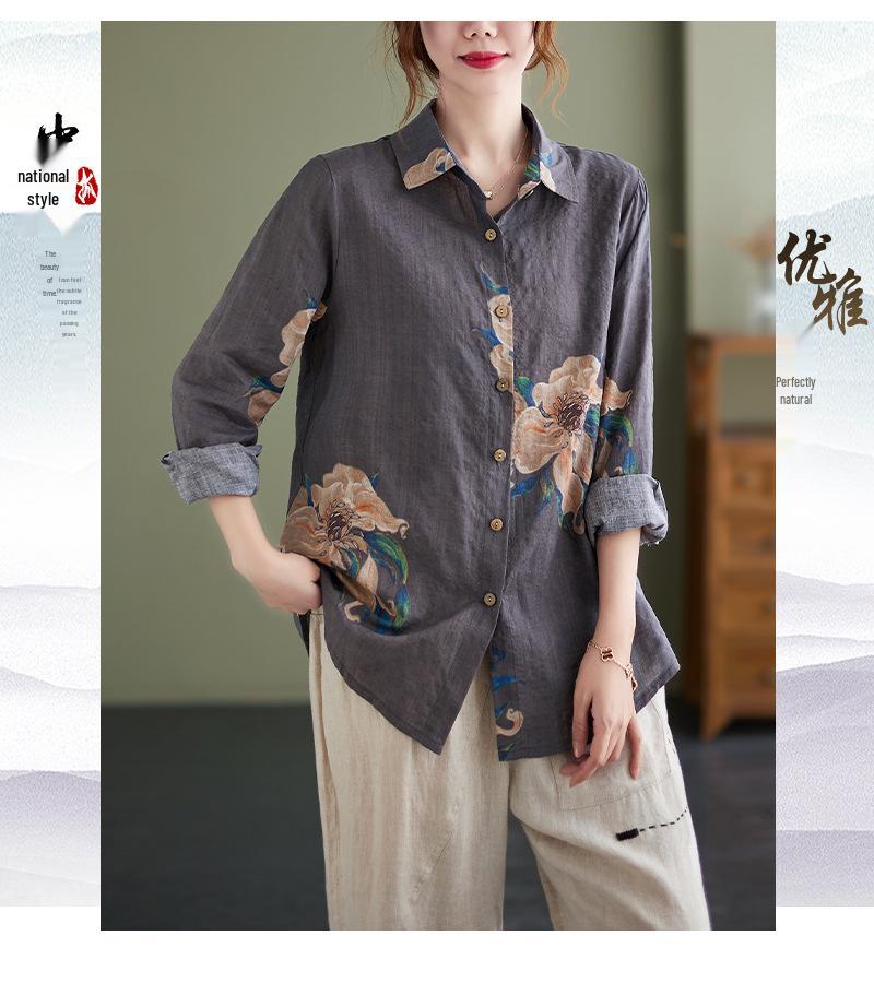 Women's Retro Floral Cotton Linen Shirt - Plus Size, Loose Fit, Long Sleeve, Spring/Autumn