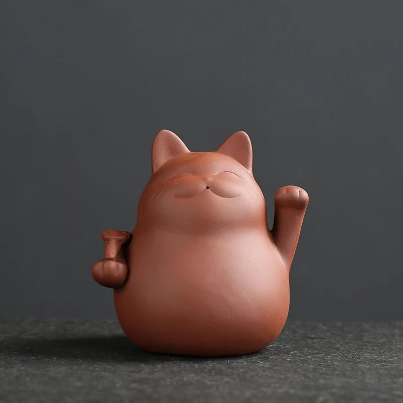 1 Pc Chinese Purple Clay Tea Pet Handmade Lucky Cat Animal Statue Ornaments Sculpture Tea Figurine Decoration Household Tea Set