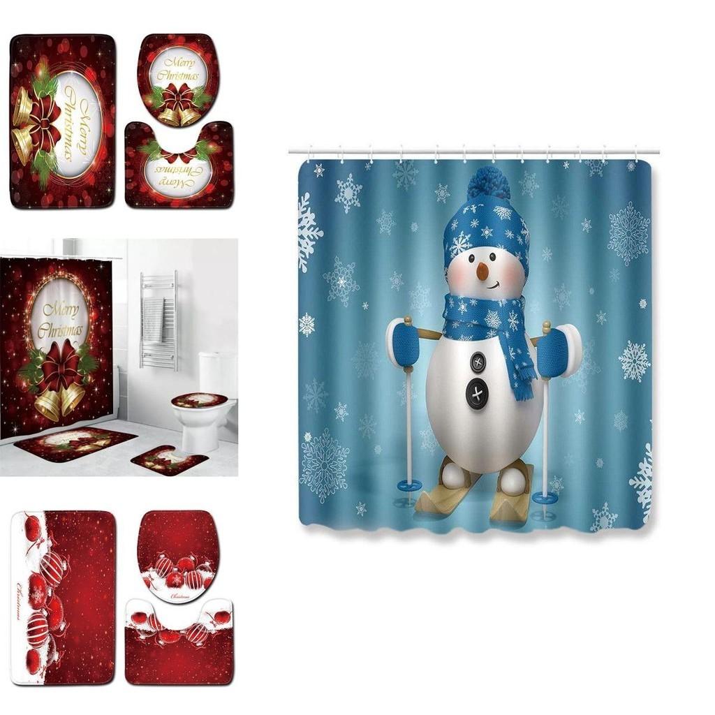 4pcs Christmas Shower Curtain And Toilet Cushion Set Cover Mat For Festive Bathroom Decor