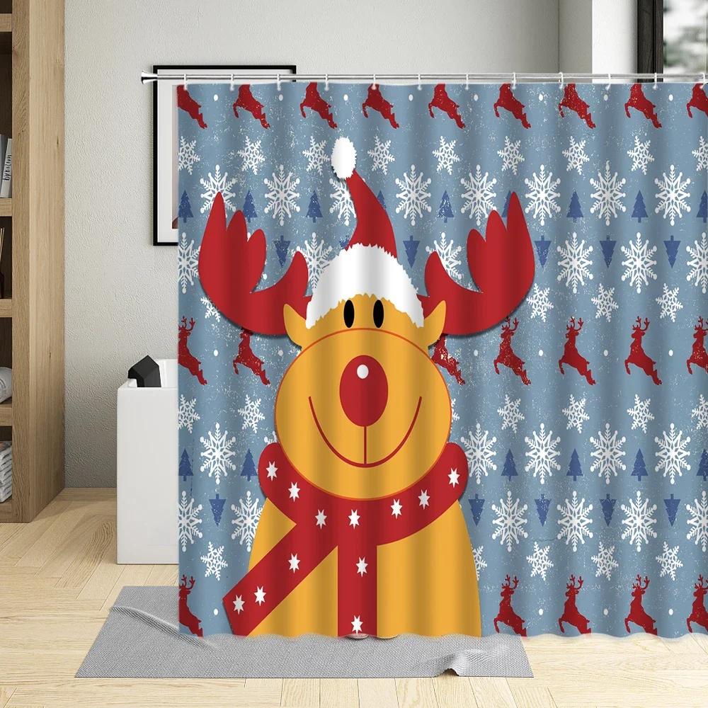 Merry Christmas Shower Curtain Santa Claus Elk Snow Scenery Tree Holiday Gift Red Decor Wall Cloth Bathroom Screen Curtains Sets