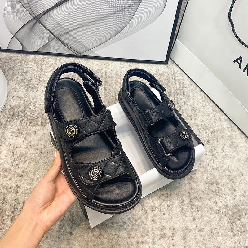 Sandals for Women 2025 New Fairy Style Genuine Leather Velcro Summer New Versatile Flat Bottom Women's Shoes Ins Trend