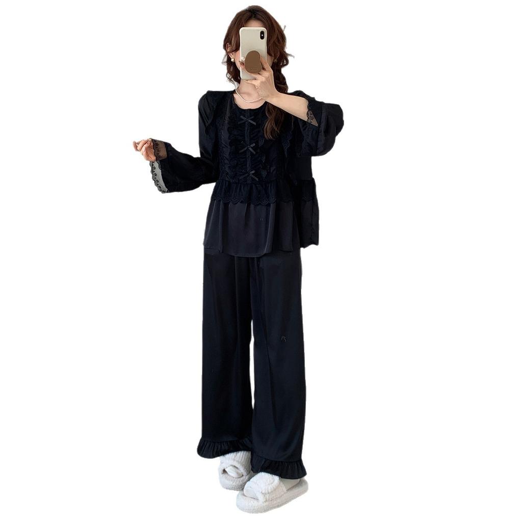 Spring and Autumn New Satin Silk Crew Neck Lace Long Sleeve Pants Pajamas Sexy Ice Silk Thin Loose Two-piece Set