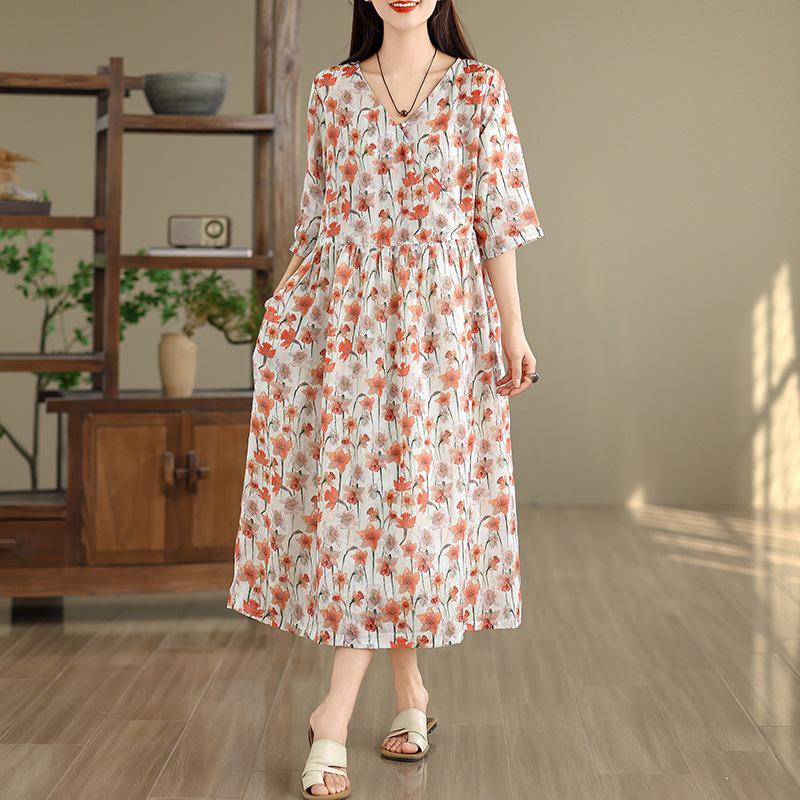 2026 Retro-Blumenmuster Sommerkleid - Elegantes langes Damenkleid