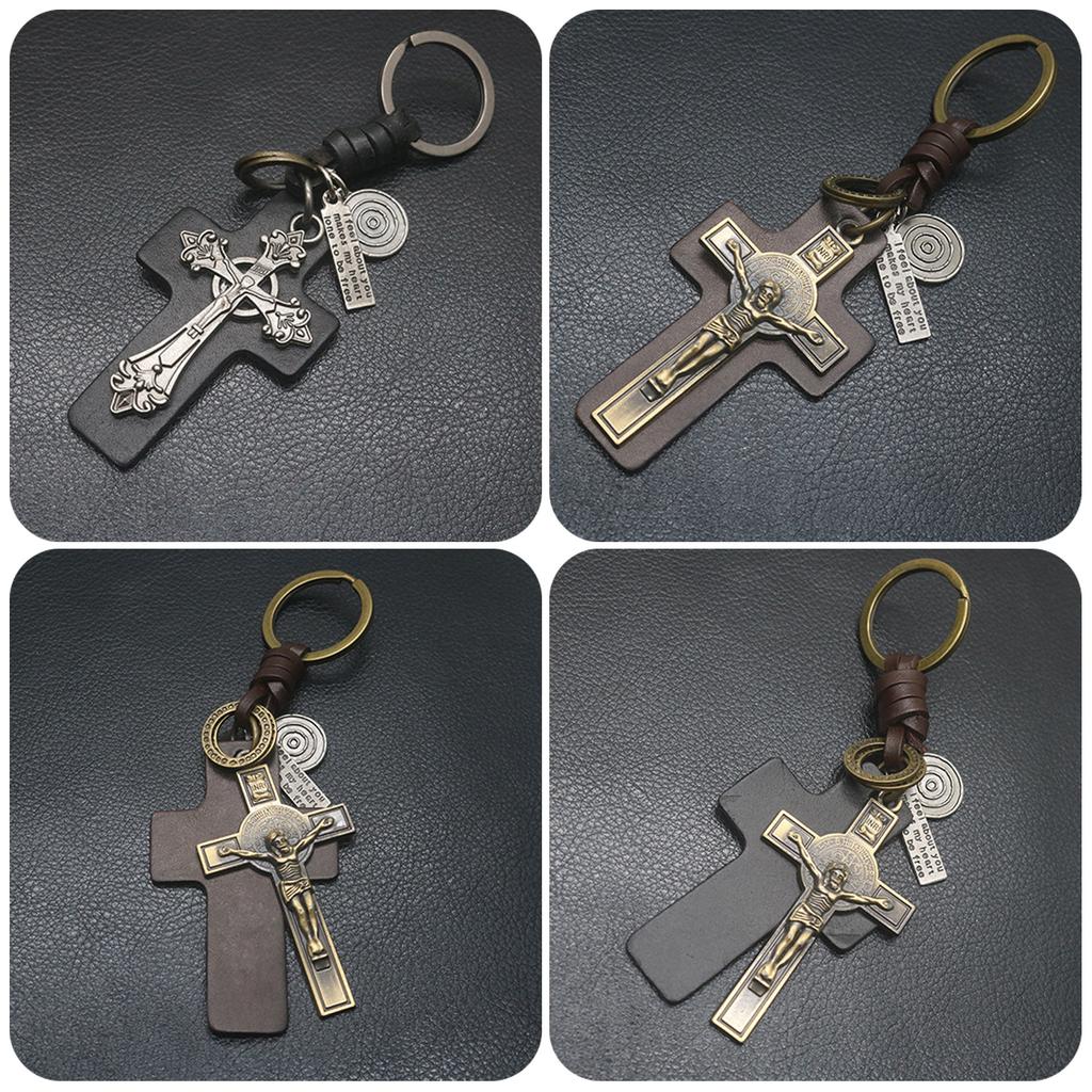 PU-Leder und Zinklegierung Schlüsselanhänger Religiöser Schlüsselring Mode Kruzifix Anhänger Tasche Anhänger Zubehör für Trendsetter