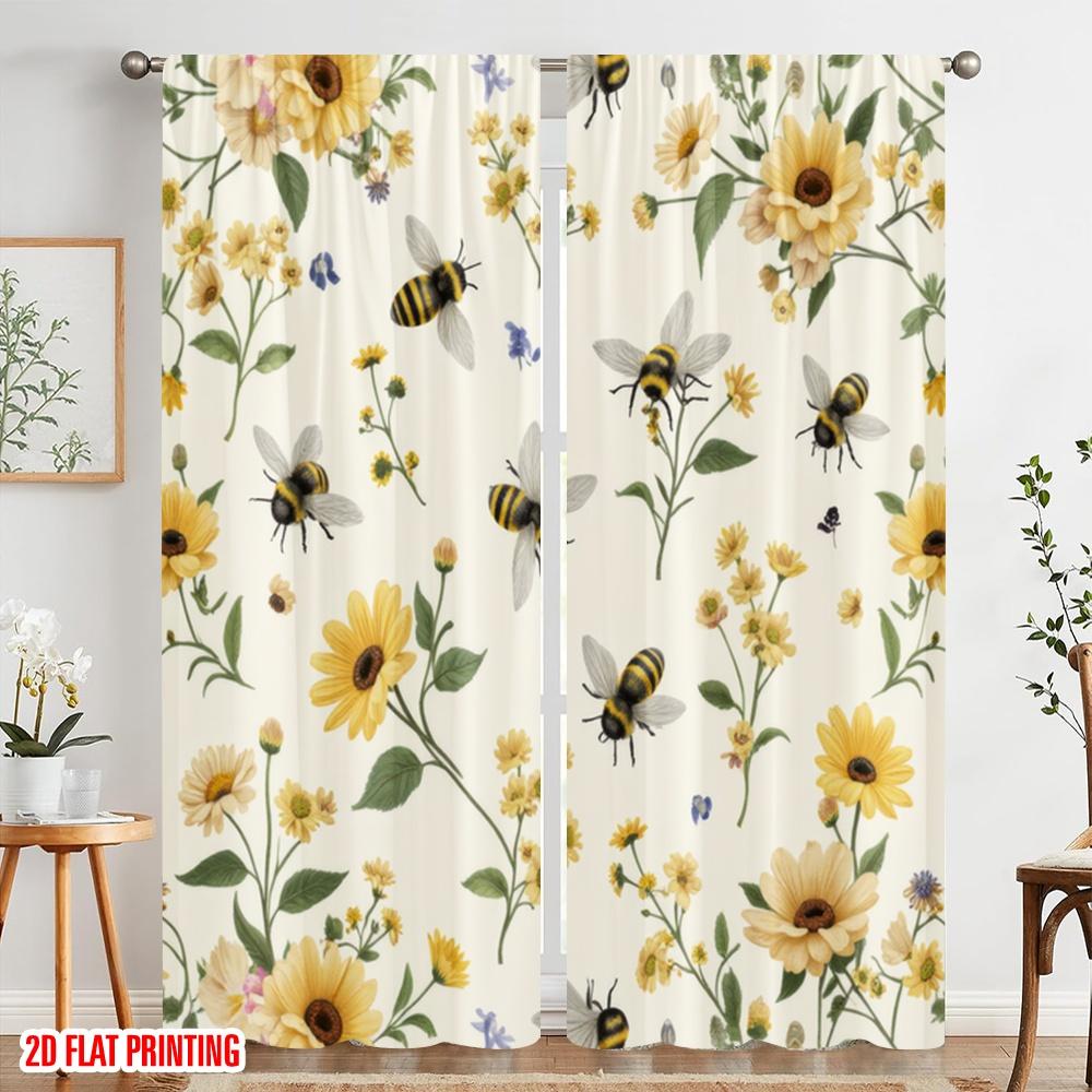 2pcs,2D plane printing Curtains Digital Printed Bee Blossom Dance Polyester Fabric (without rod) Festive for Bedroom Living Room