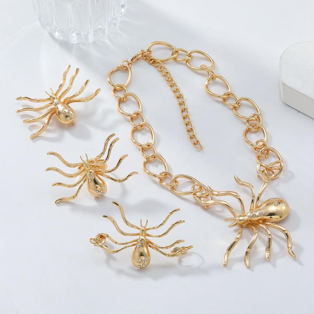 Exaggerated Gold Alloy Spider Pendant Necklace, Ring, Brooch, and Earrings Set