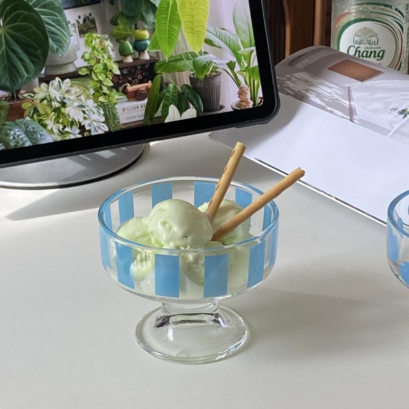 Ins Simple Blue Striped Polka Dot Tall Dessert Ice Cream Cup, Small Fresh Glass, Yogurt Pudding Cup