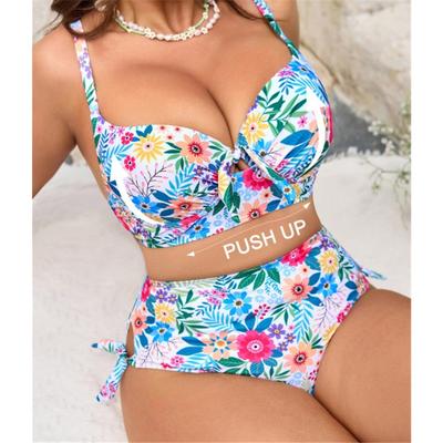 Women's High Waist Floral Print Two Piece Bikini Set, Plus Size Push Up Underwire Bathing Suit with Side Tie
