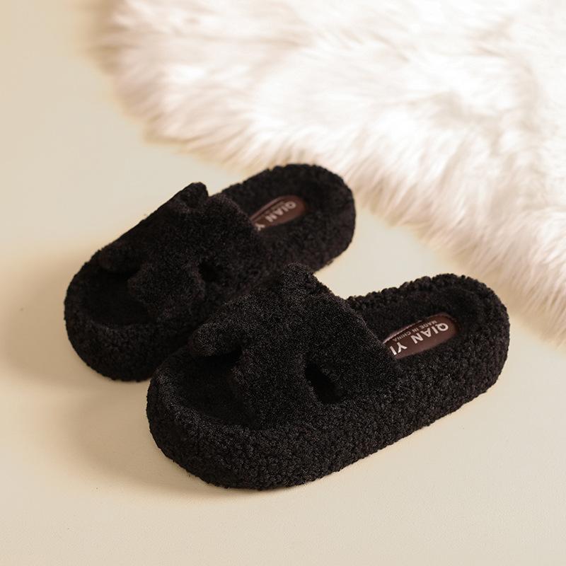 2025 Herbst und Winter neue Internet-Berühmtheit einfarbige Wollpantoffeln Damen tragen flachsohlige Lammwolle Mode Ein-Wort Baumwollmopp