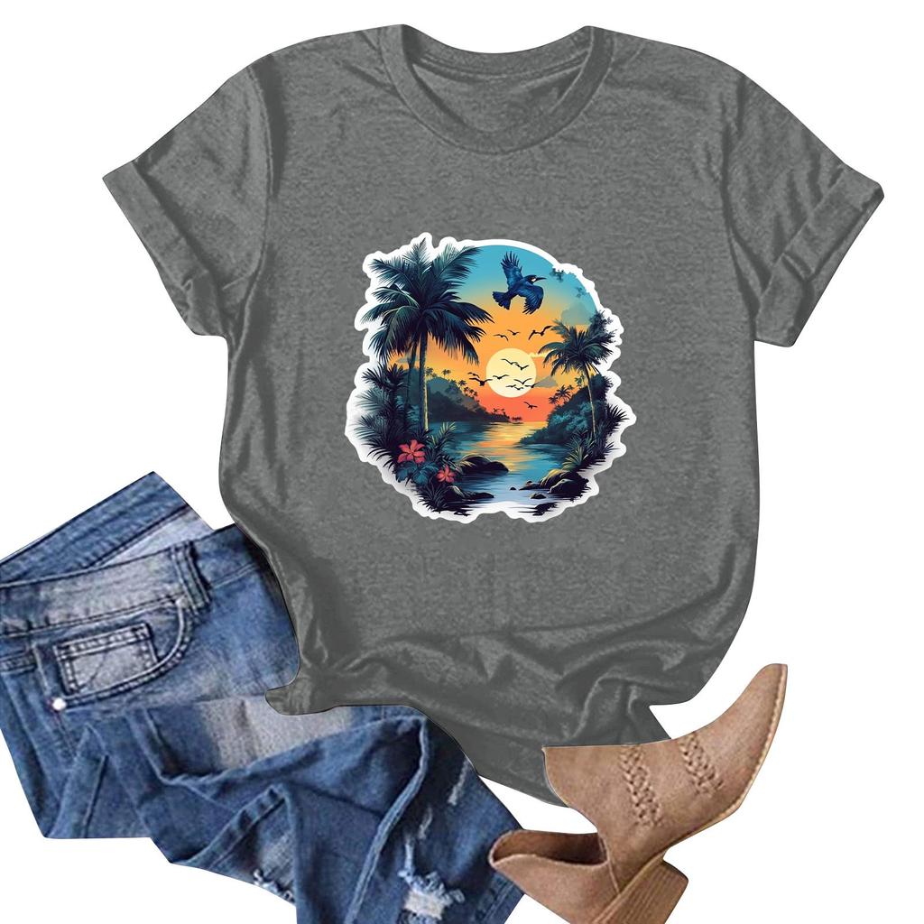 Damenmode Lässiges T-Shirt mit Hawaii-Print, kurzärmelig, kurzärmelig