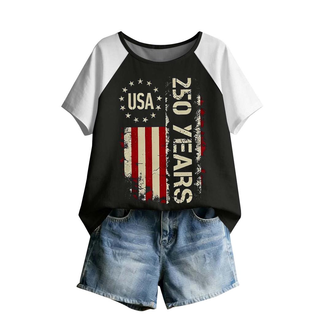Women’s Raglan Sleeve Printed Top USA 250 Years Graphic Casual Crewneck Short Sleeve Loose Fit Summer T Shirt for Women