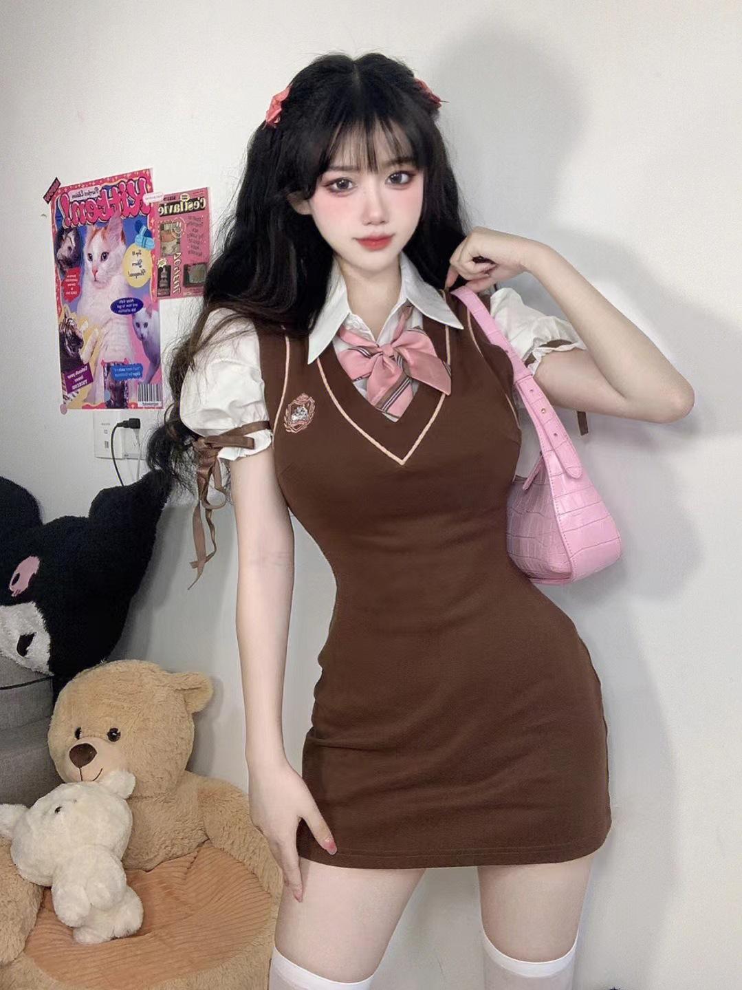 

College style sweet and cool babes little fresh imperial sister fan hip bubble sleeve dress JK uniform suit pure desire summer XL