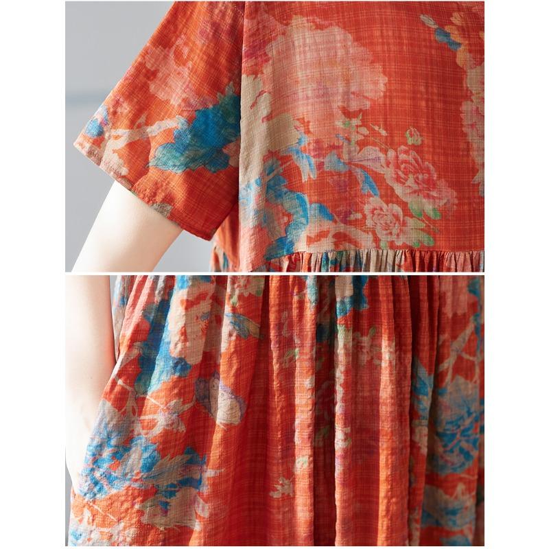 DIMANAF 2025 Summer Plus Size Dress Women Casual Vintage Long Dress Loose Basic Flower Printing Dress