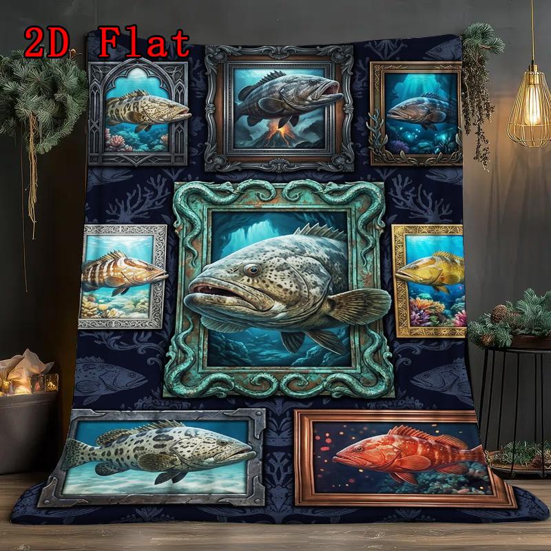 Ocean Fish Collage 2D Flat Pattern Flannel Blanket, High Quality All Seasons, Home Decor, Warmth and Comfort, Perfect for Christmas Gifts.