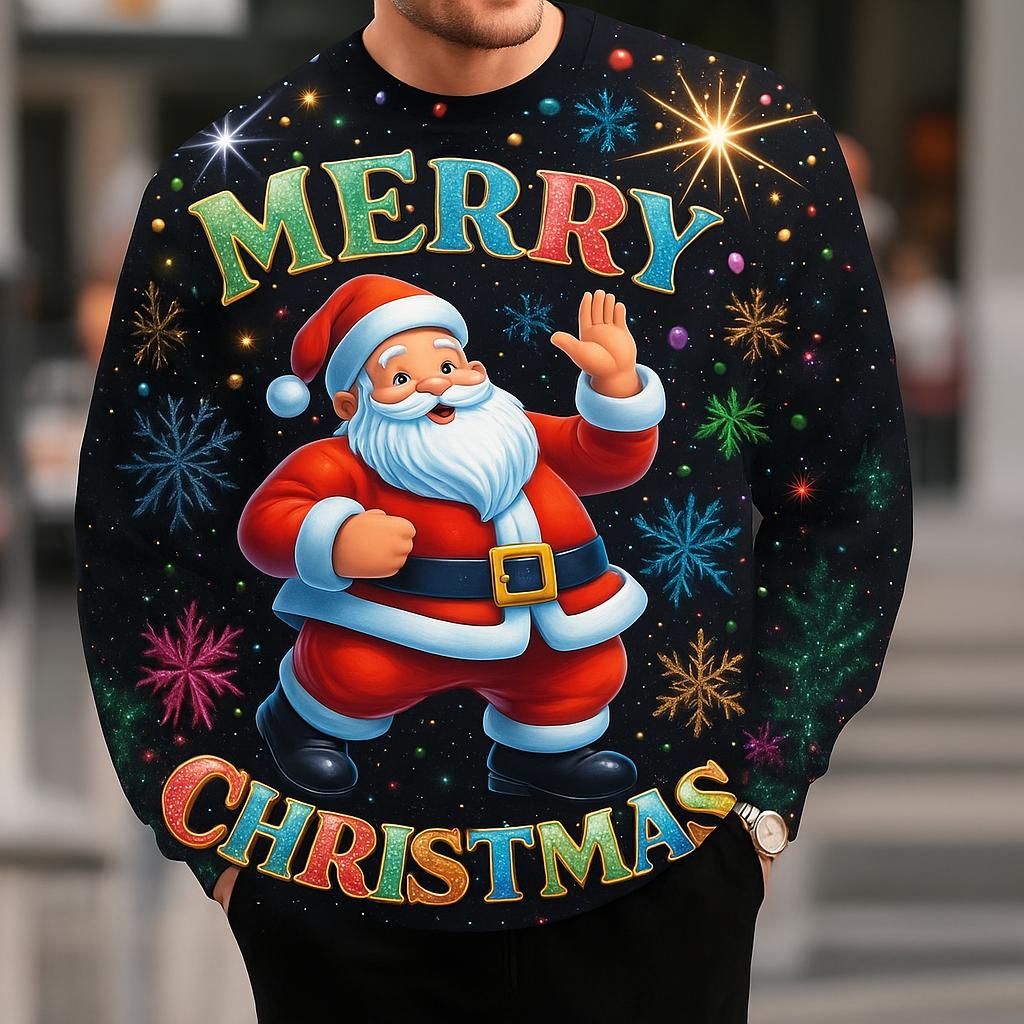 Men's Christmas Theme Sweatshirt, 3D Graphic Santa Claus Print, Round Neck Pullover, Holiday Casual Style Long Sleeve Streetwear