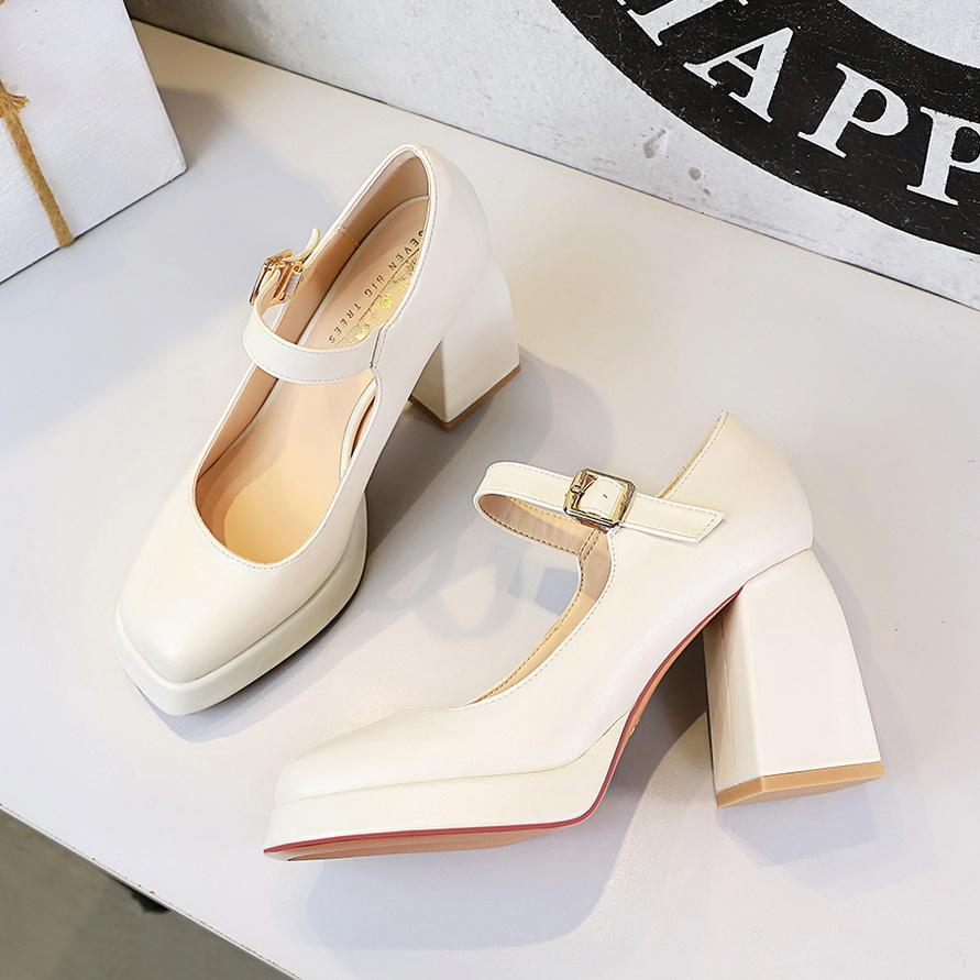 Talon épais, Talon carré, Talon haut, Plateforme imperméable, Bout carré, Décolleté bas, Boucle de ceinture, Bride droite, Chaussure simple pour femme