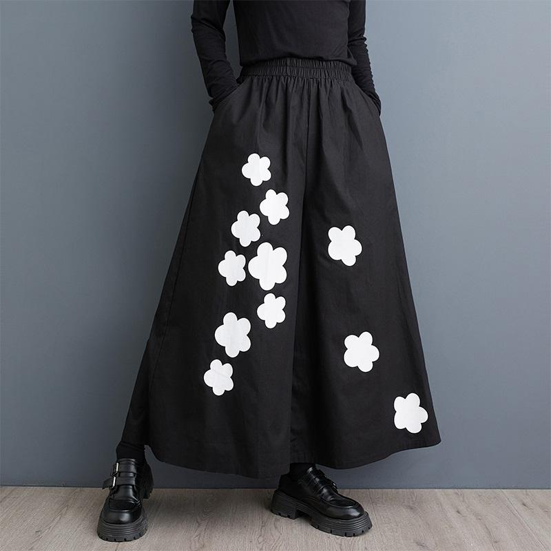 Cotton Plus Size Vintage Floral High Waist Casual Loose Spring Autumn Wide Leg Pants Women Trousers