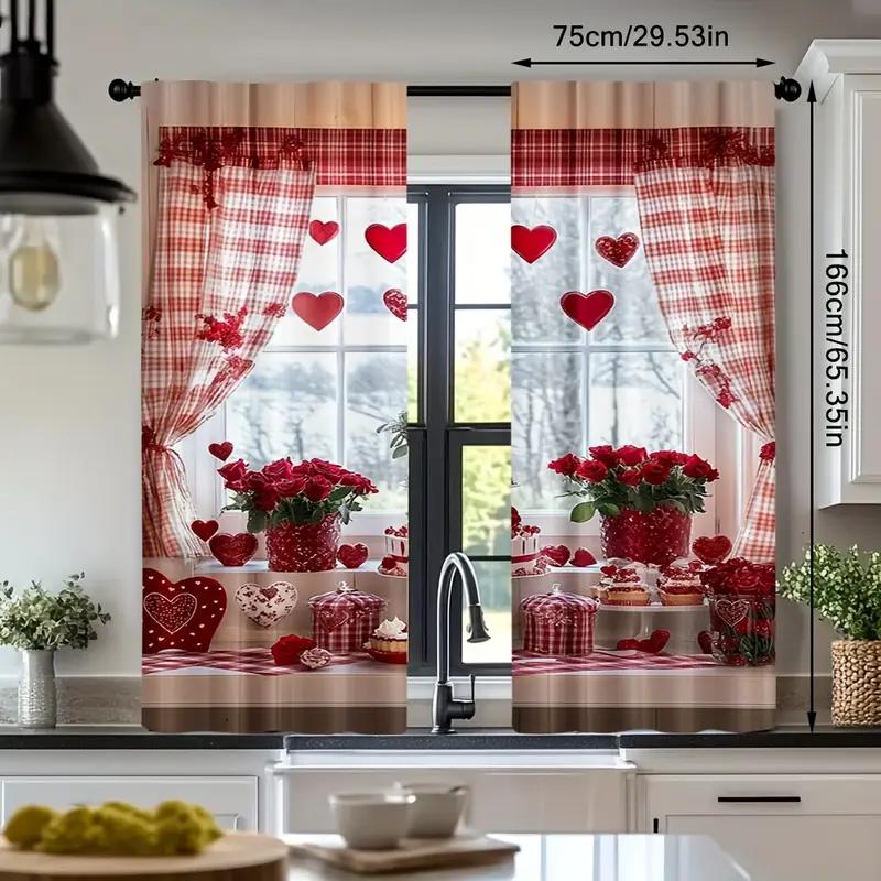 Set Of 2 Valentine Day Love Curtains Design Privacy Protection Suitable Decoration Various Scenarios Curtain With Pole Pocket Polyester