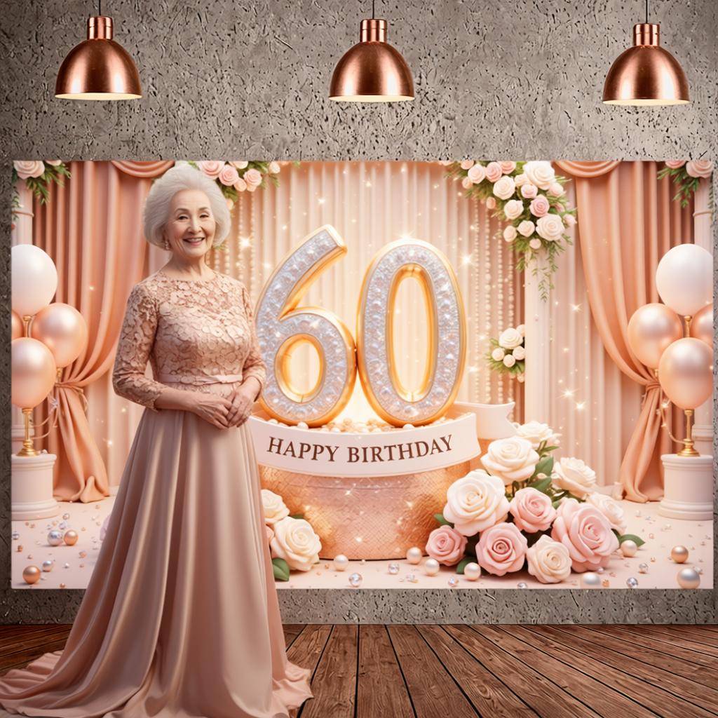 60. Meilenstein Kulisse Goldene Ballons Geburtstagsfeier Banner Happy 60 Birthday Banner Zartrosa Rosen Für Formelle Anlässe