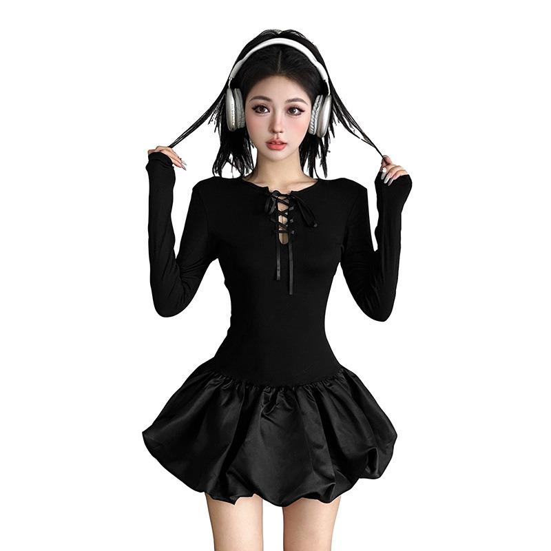 Autumn Women's Temperament Sexy Lace-up Flower Buds Short Skirt Long-sleeved Slim Dress