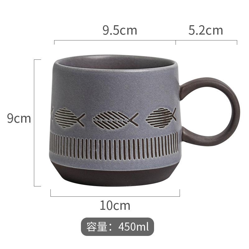 

Vintage Ceramic Coffee Mug Large Capacity Japanese Style Milk Cereal Cup with Relief Carving 450ml
