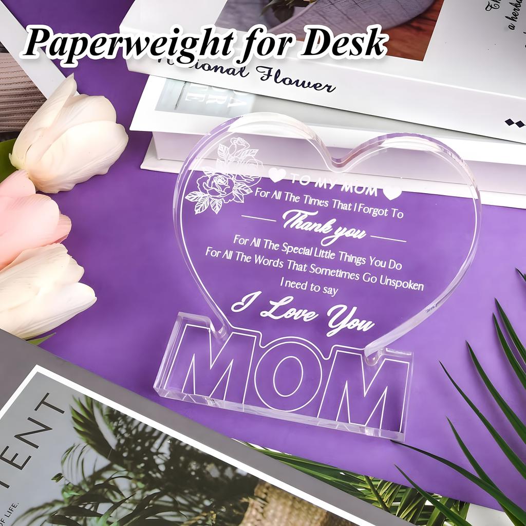 Heartfelt Acrylic Heart-Shaped Plaque for Mom - Engraved with Loving Message, Rose Design, Perfect Gift for Mother'S Day, Valentine'S 
