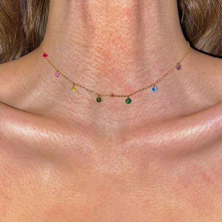 Collarbone Chain Rainbow Color Zircon Necklace Simple Gift Necklace For Women