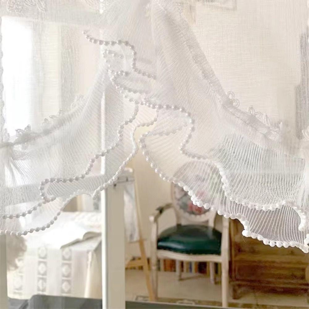 Wavy Edge Beaded Half Yarn Drapes Double Pearls Lace Bottom Floral Short Tulle Drapery  Door