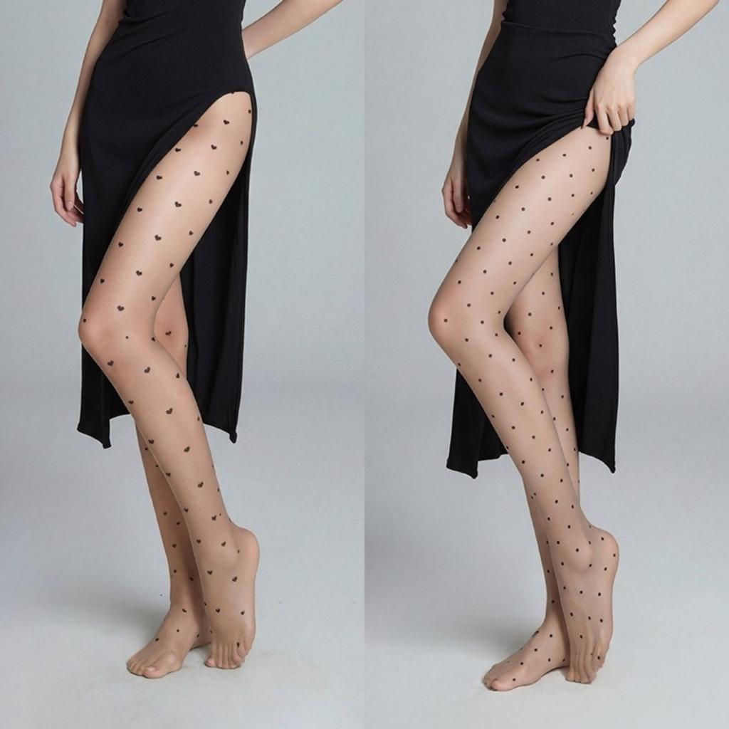 Cute Polka Dot Heart Tights Women Black Sheer Ultra Thin 0D Skin Smoothing Pantyhose Spring Summer Fashion Thigh High Stockings