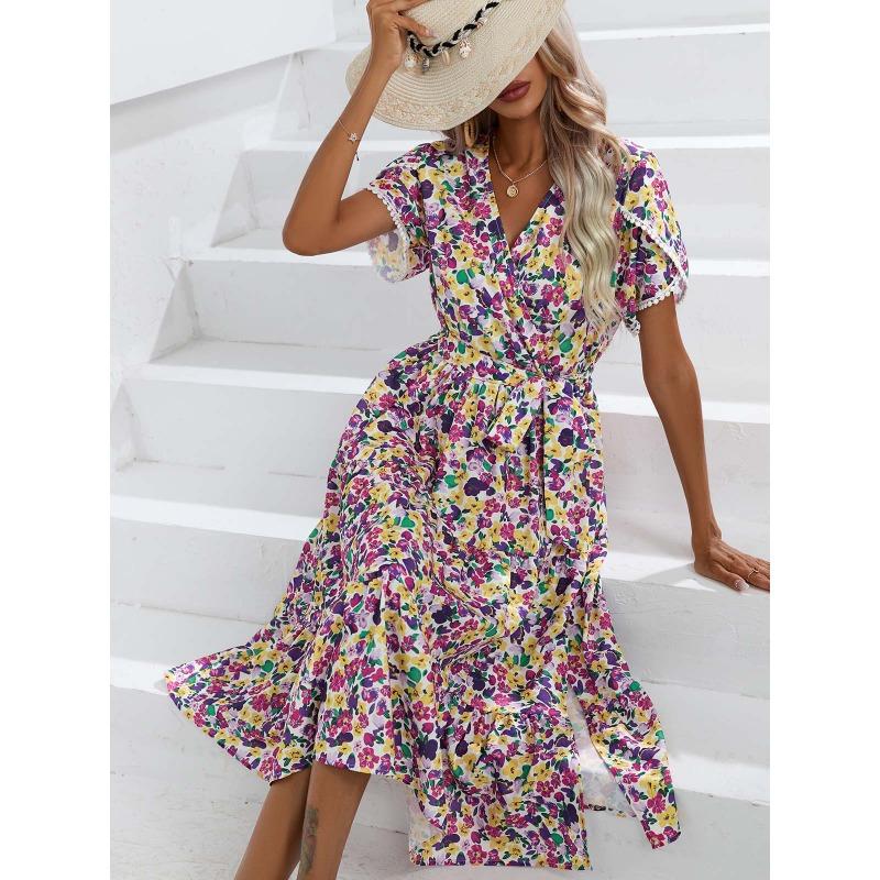 Summer Short Sleeve Floral Printed Women Dress New V Neck Fashion Elegant Loose Casual Party A-line Dresses Female Lace-up Women's Clothing