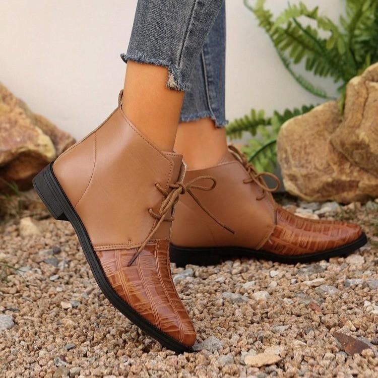 Large size retro pointed fashion short leather boots women's new color matching front lace-up four-season fashion boots