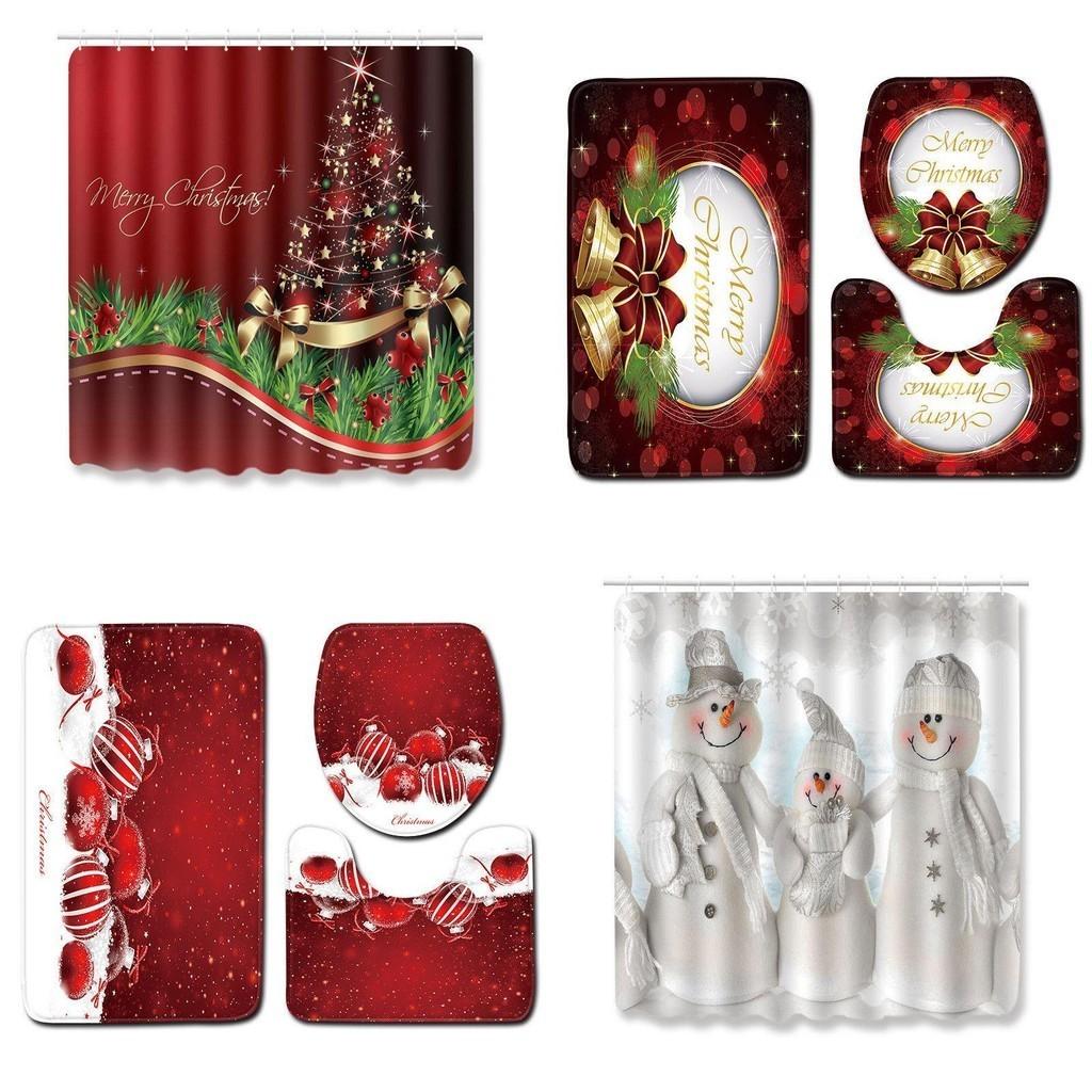 Elegant 4pcs Christmas Shower Curtain And Toilet Cushion Set For Joyful Bathroom Style