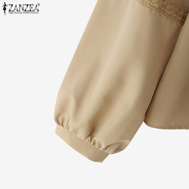 ZANZEA Bluză lejeră cu mâneci lungi, cu gât rotund, dantelă, moale