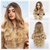 ALAN EATON Hairline Lace Wigs Ombre Brown Blonde Synthetic Long Wavy Wigs Dark Root  for Women Cosplay High Density Hair Wig