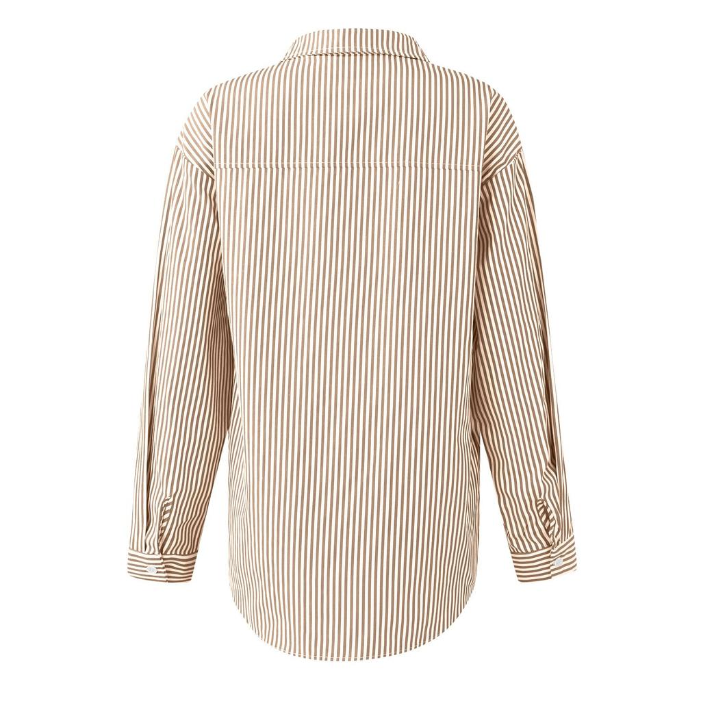 Women's Striped Button Down With Pocket Long Sleeves Collar Shirt Tops